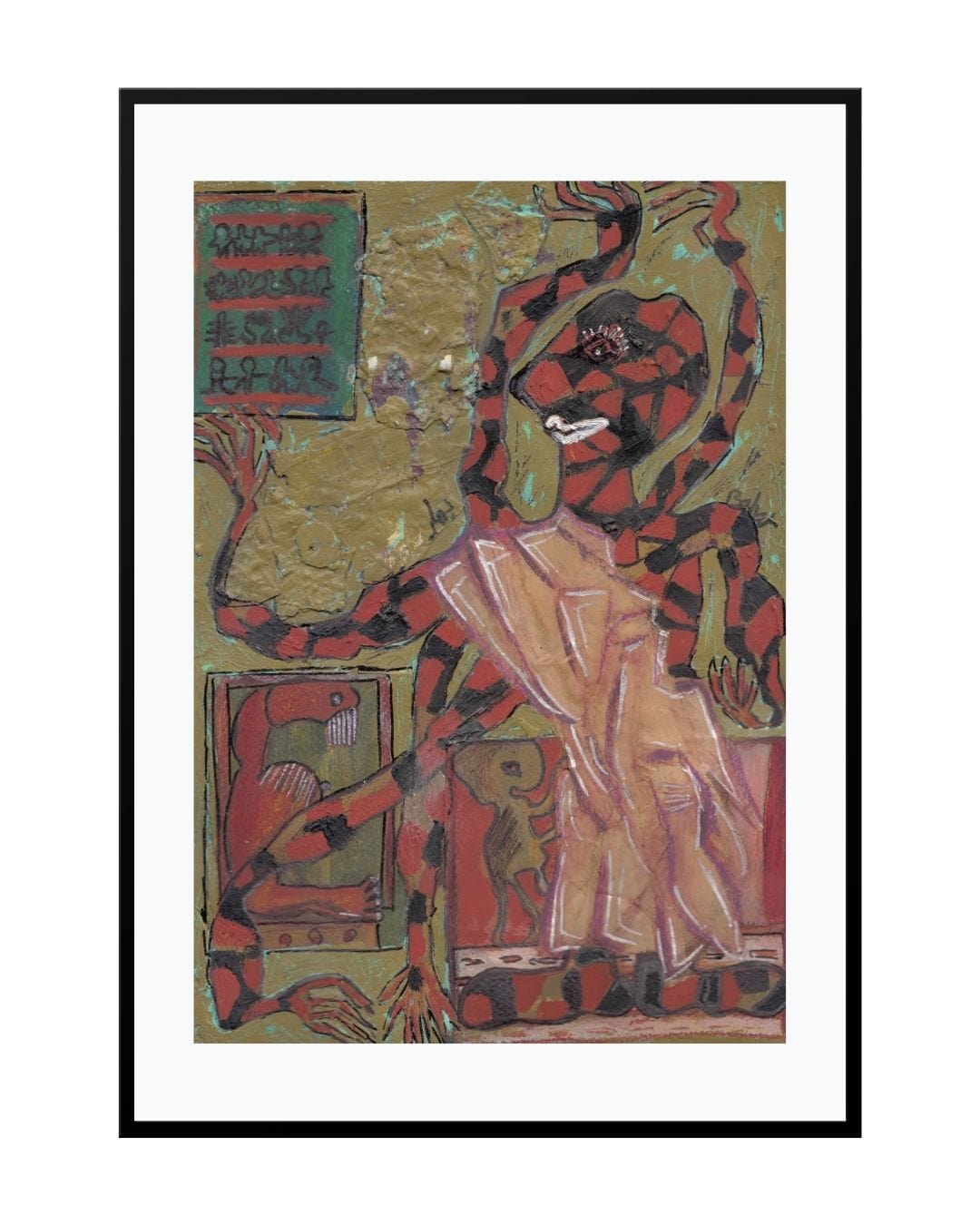 Expressionist painting titled "Spider Woman," featuring a haunting female figure with elongated limbs and tangled posture